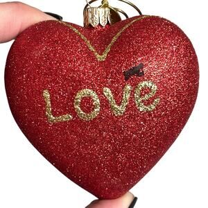 Vintage Landmark Creations Glass Ornament Heart Red Glitter Love Hand Blown